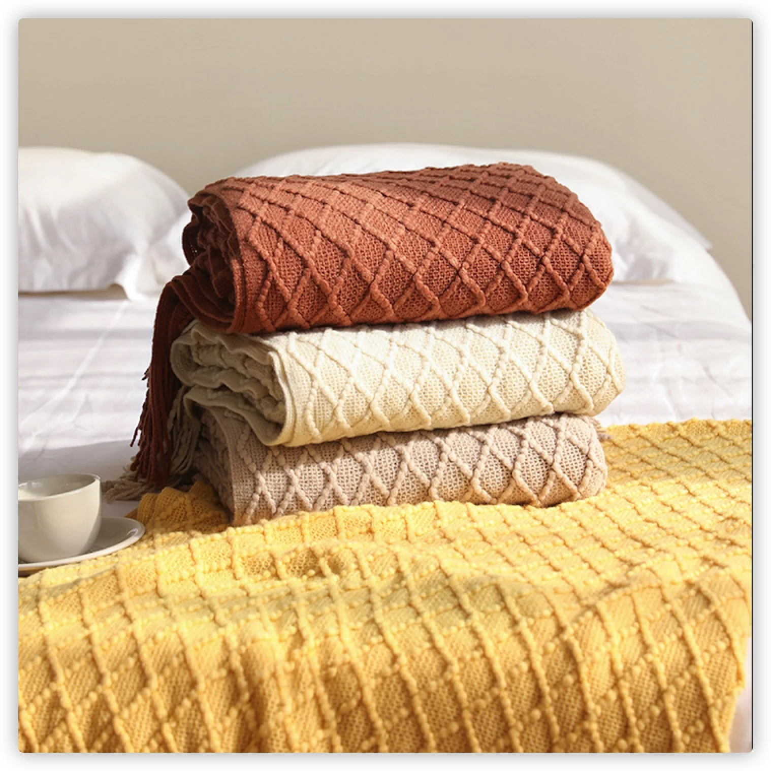 Boho Throw Blanket Fringe - Manta de malha com padrão de