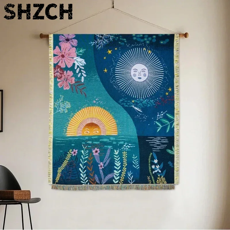 Boho Throw Blanket Fringe - Tapeçaria tecida com motivos de sol